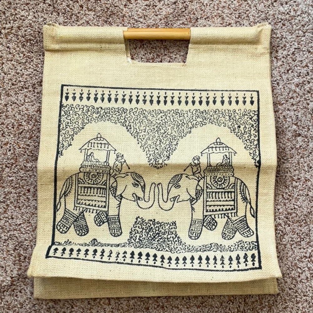 Elephant Design Jute Tote with Wooden Handles